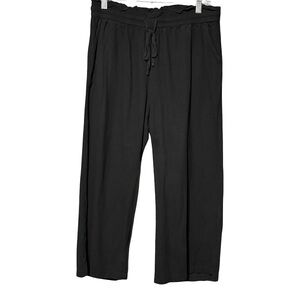 Linen Cotton Lagenlook Classic Black Cropped Beachy Wide Leg Pull On Pants Large